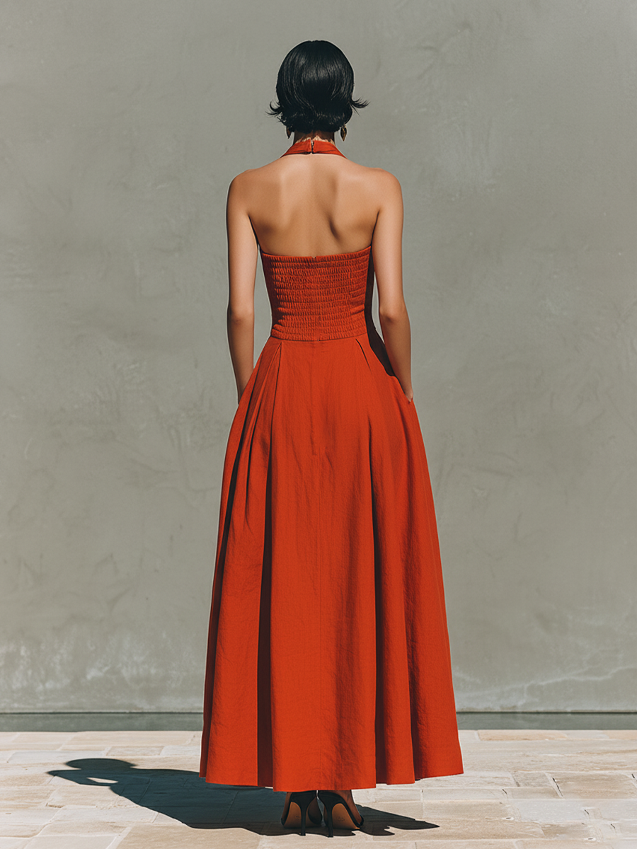 Women's Red Linen Halter Pleated Maxi Dress – ModClo