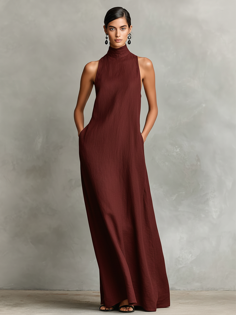 Women's Black Linen High Neck Maxi Dress – ModClo