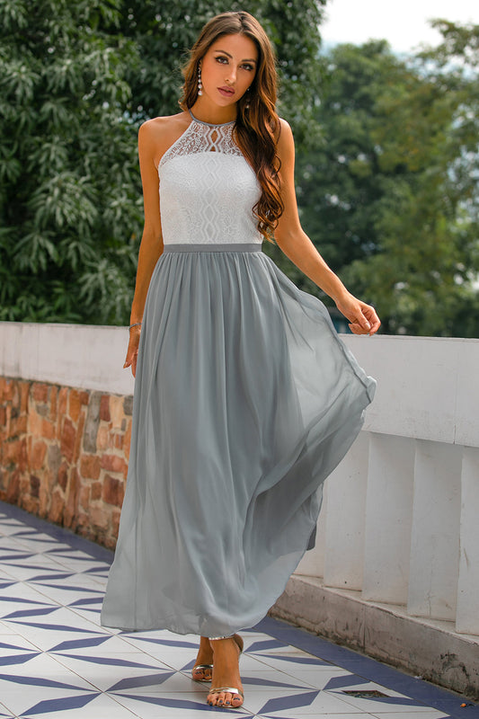 Lace halter chiffon maxi dress for an autumn wedding guest — ModClo
