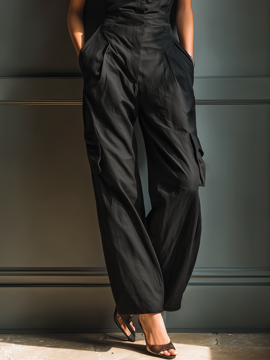Women's Black Linen Sleeveless Cargo Jumpsuit – ModClo