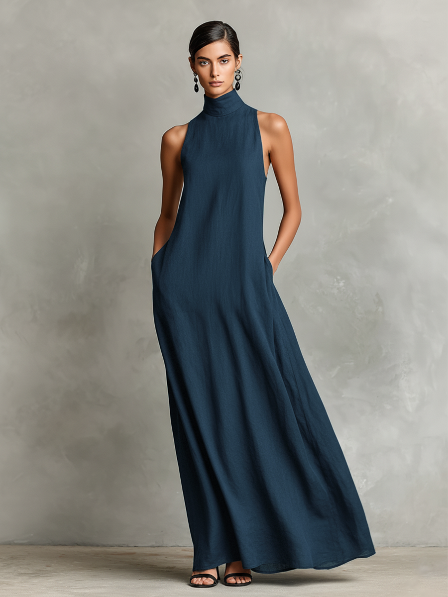 Women's Black Linen High Neck Maxi Dress – ModClo