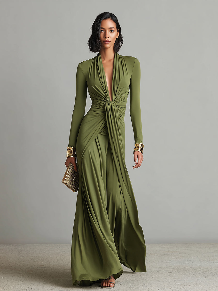 Women's Olive Silky Ruched Maxi Dress – ModClo