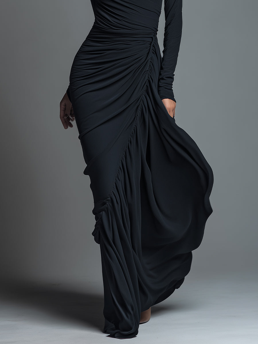 Women's Black Knit Ruched Maxi Dress – ModClo