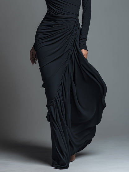 Women's Black Knit Ruched Maxi Dress – ModClo