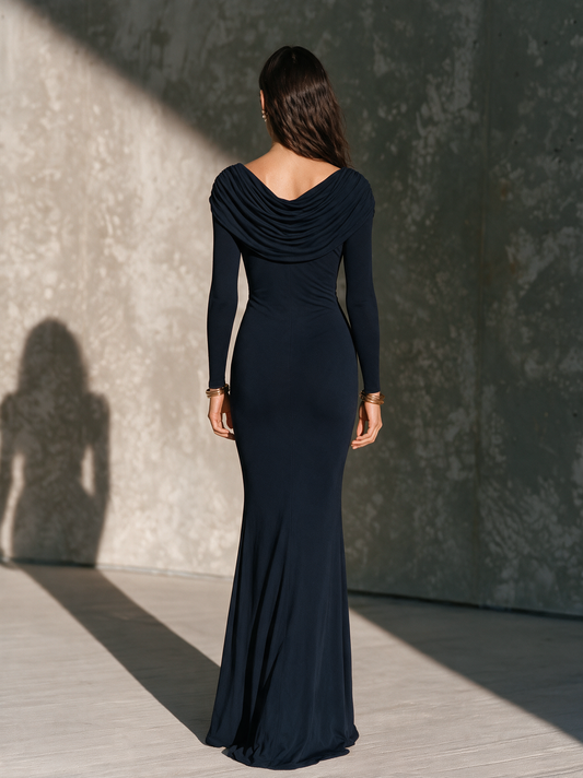 Women's Long-Sleeve Knit Maxi Dress with Ruched High Neck – ModClo