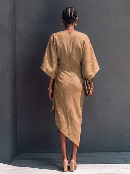 Women's Khaki Linen Short Sleeve Asymmetric Midi Dress – ModClo