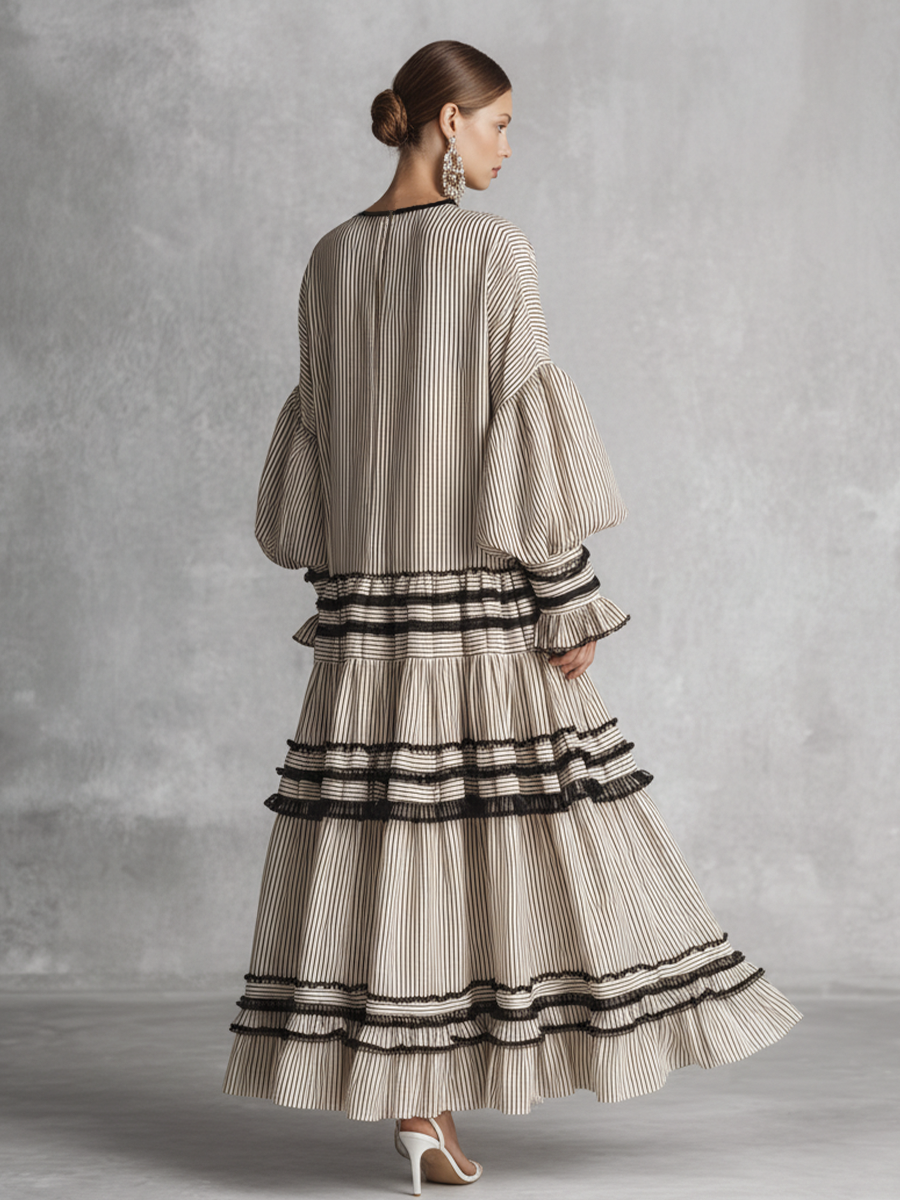 Women's Cotton Long Sleeve Tiered Striped Maxi Dress – ModClo