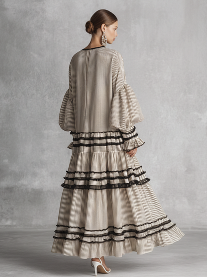 Women's Cotton Long Sleeve Tiered Striped Maxi Dress – ModClo