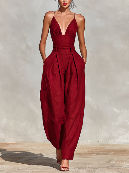Women's Red Linen Pleated Jumpsuit – ModClo