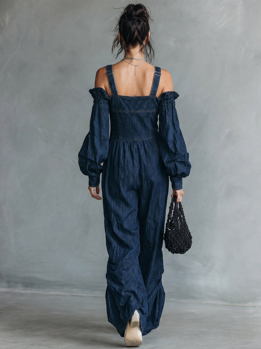 Women's Blue Denim Long Sleeve Jumpsuit – ModClo