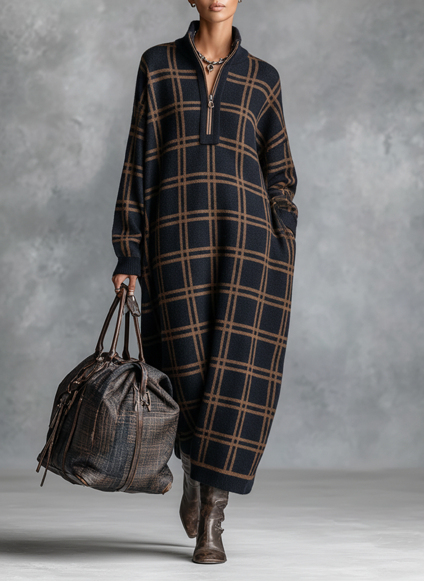 Women's Knit Zipper Plaid Maxi Dress – ModClo