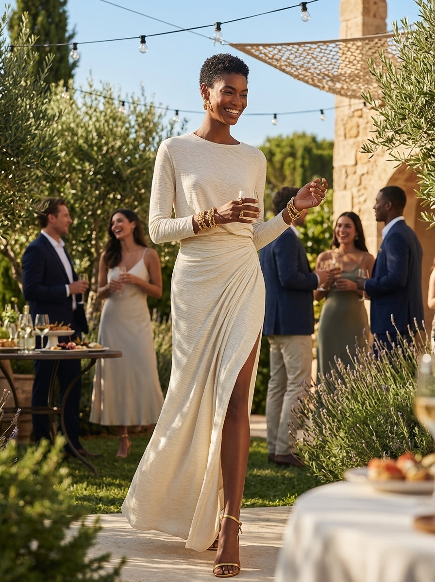 Women's Beige Cotton Ruched Slit Maxi Dress – ModClo