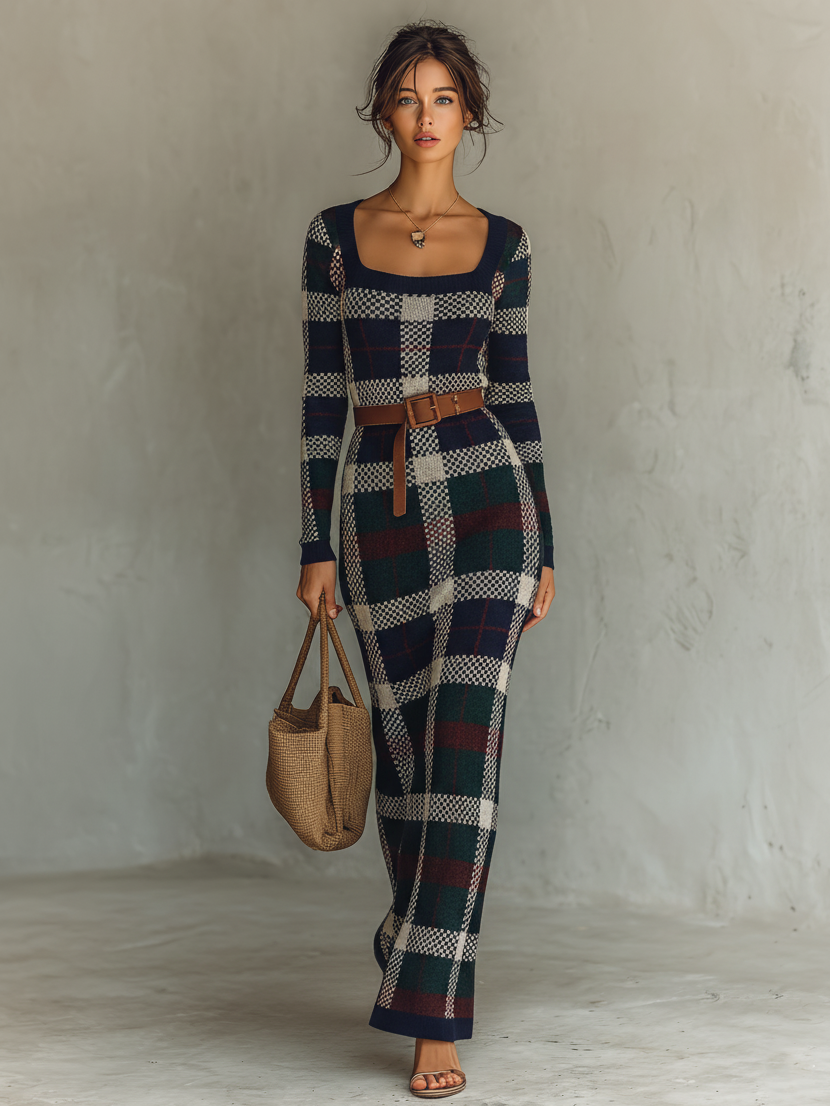 Women's Knit Square Neck Belted Check Maxi Dress – ModClo