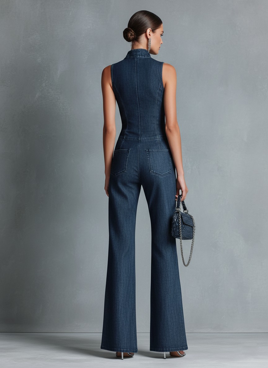 Women's Blue Denim High Neck Sleeveless Jumpsuit – ModClo