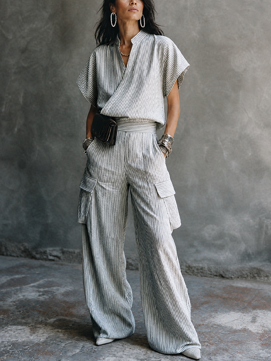 Women's White Cotton Wrap Striped Trouser Set – ModClo