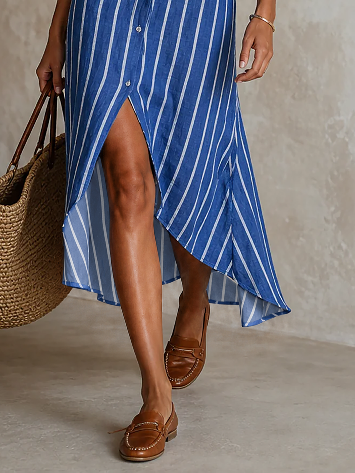 Women's Long Sleeve Asymmetric Striped Midi Dress – ModClo