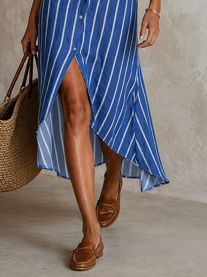 Women's Long Sleeve Asymmetric Striped Midi Dress – ModClo