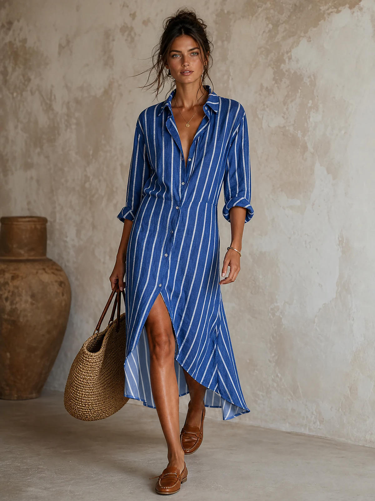 Women's Long Sleeve Asymmetric Striped Midi Dress – ModClo