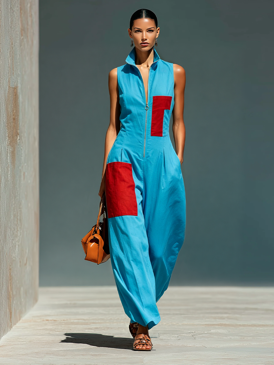 Women's Red Linen Sleeveless Stand Collar Jumpsuit – ModClo