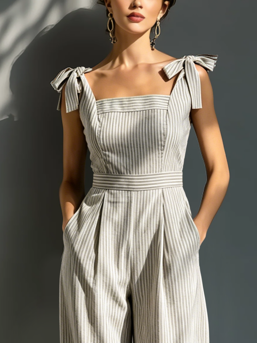 Women's White Linen Square Neck Striped Jumpsuit – ModClo