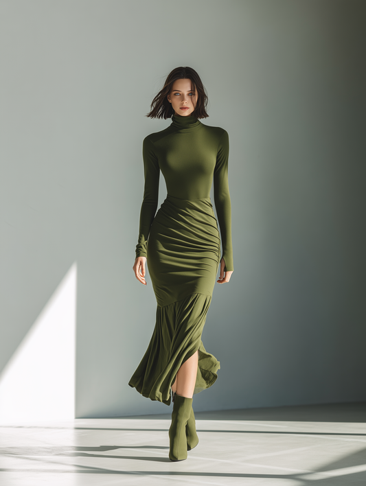 Women's Green Knit High Neck Pleated Maxi Dress – ModClo
