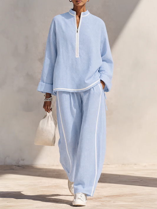Women's Blue Linen Oversized Stand Collar Trouser Set – ModClo