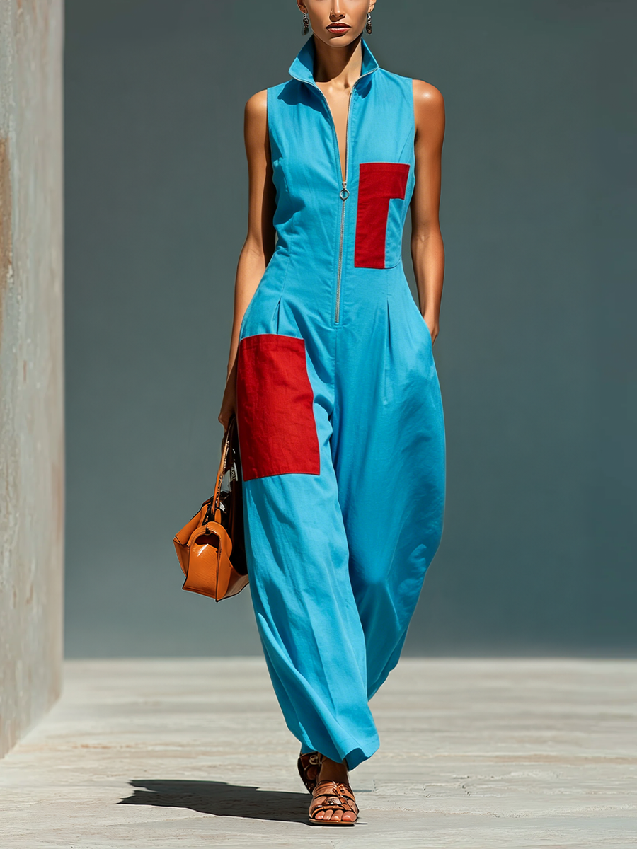 Women's Red Linen Sleeveless Stand Collar Jumpsuit – ModClo