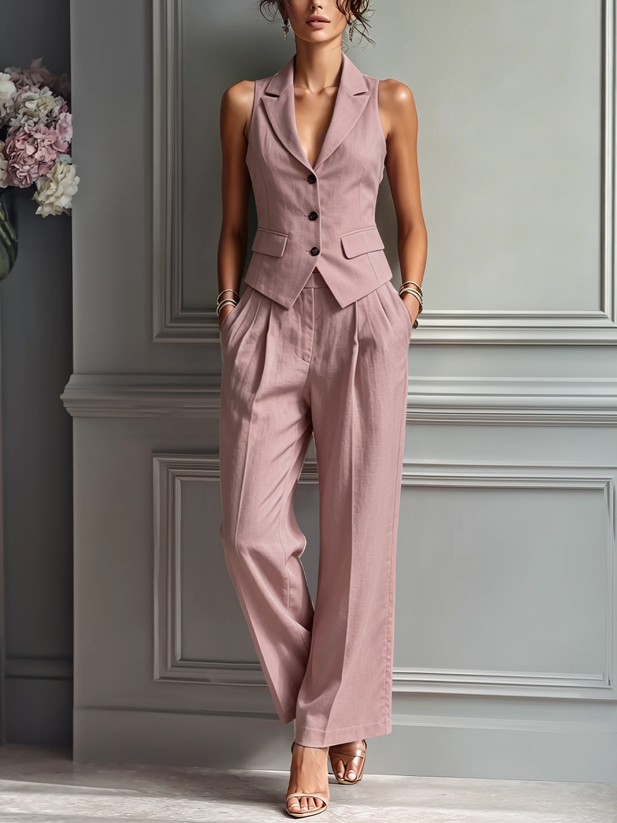 Women's Pink Linen Sleeveless Lapel Two-Piece Set – ModClo