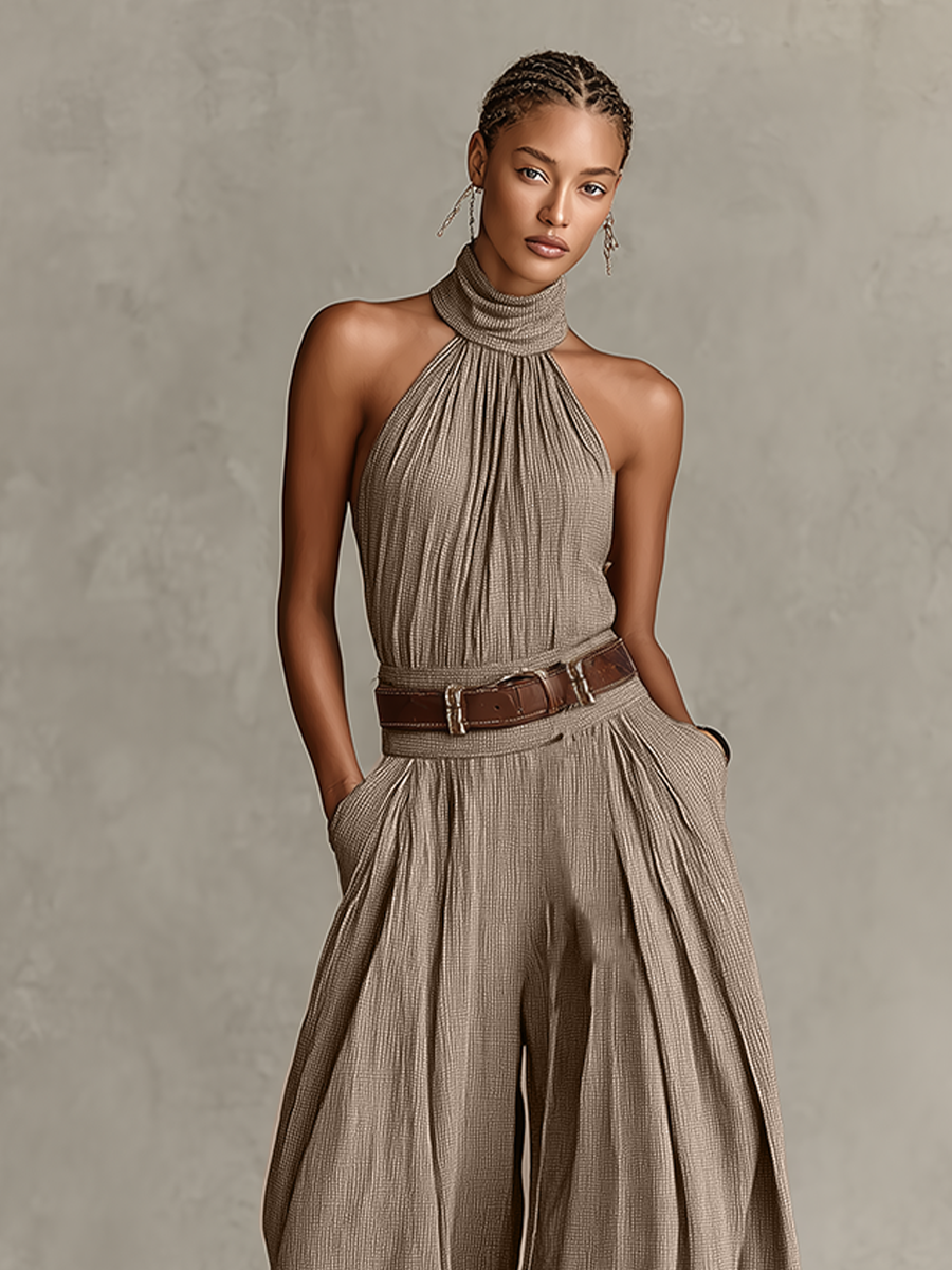 Women's Taupe Cotton Halter Boho Jumpsuit – ModClo