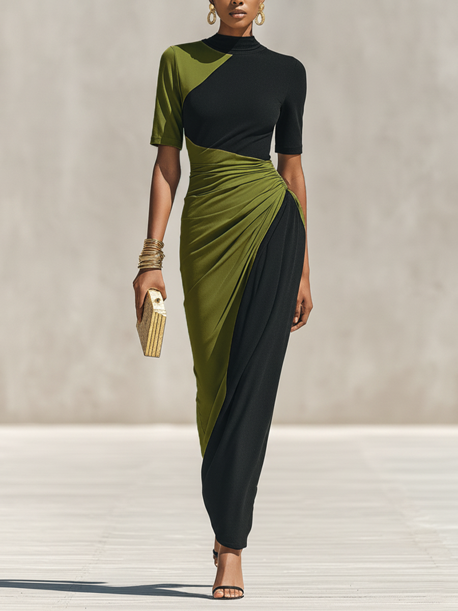 Women's Black Jersey High Neck Ruched Maxi Dress – ModClo