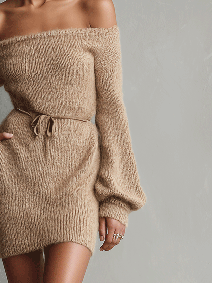 Women's Camel Knit Belted Mini Dress – ModClo