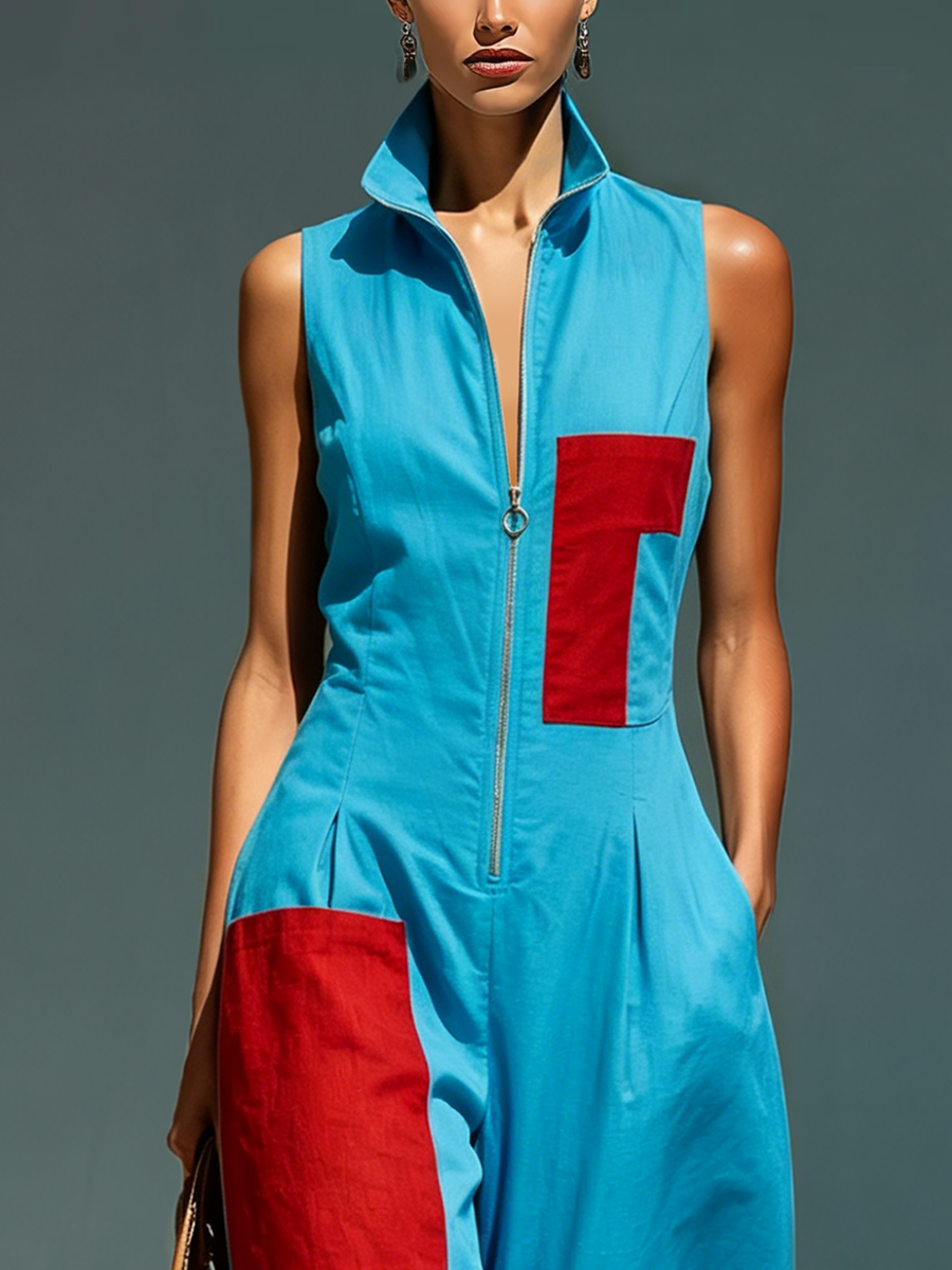 Women's Red Linen Sleeveless Stand Collar Jumpsuit – ModClo
