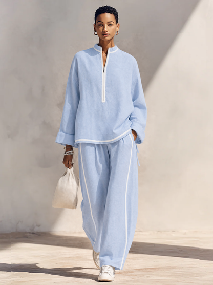 Women's Blue Linen Oversized Stand Collar Trouser Set – ModClo