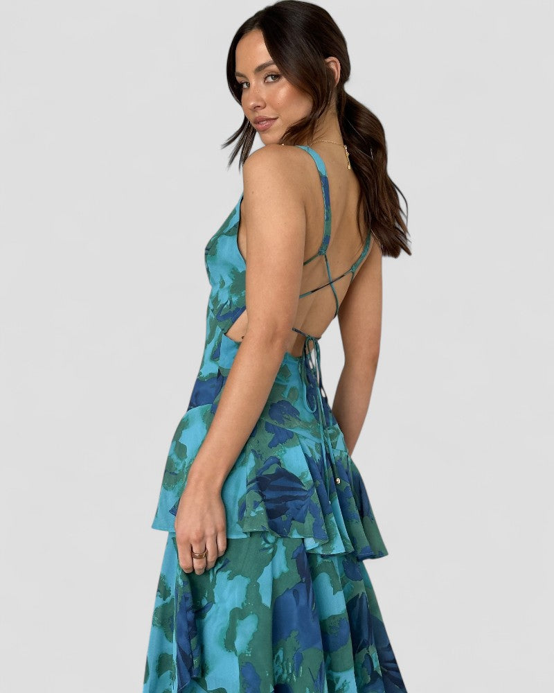 Floral Ruffle Maxi Dress with Open Back Summer Elegance
