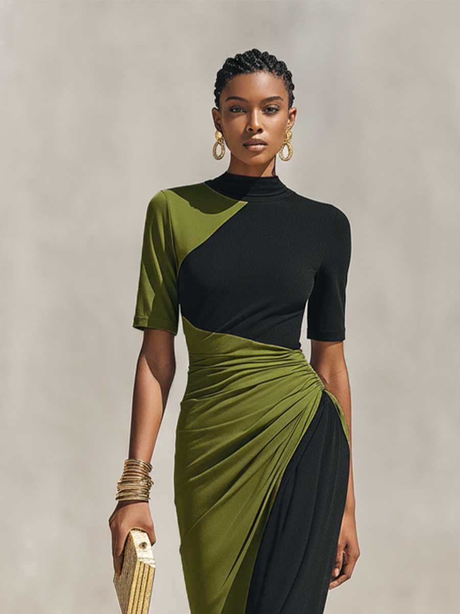 Women's Black Jersey High Neck Ruched Maxi Dress – ModClo