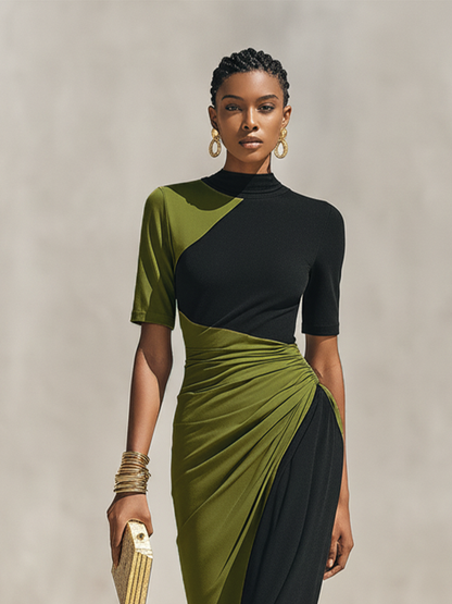 Women's Black Jersey High Neck Ruched Maxi Dress – ModClo