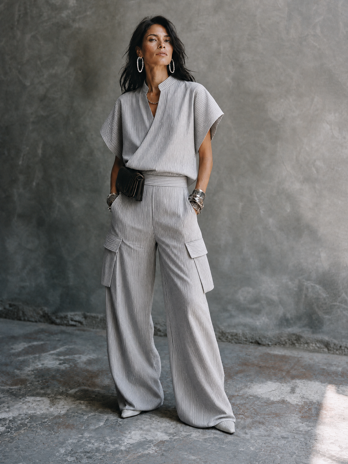 Women's White Cotton Wrap Striped Trouser Set – ModClo
