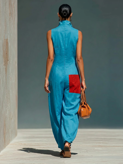 Women's Red Linen Sleeveless Stand Collar Jumpsuit – ModClo