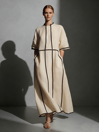 Women's Beige Linen Stand Collar Maxi Dress – ModClo