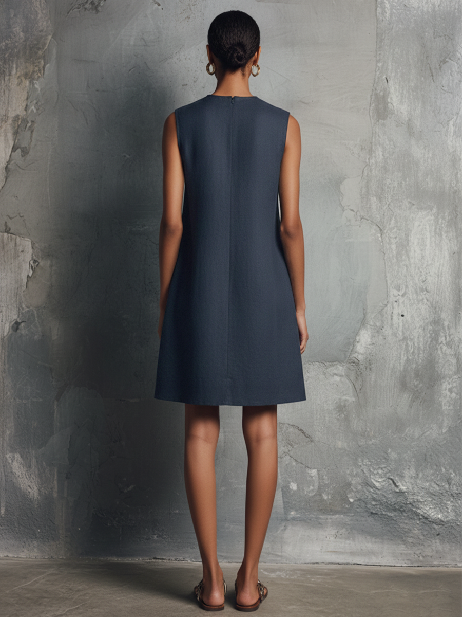 Women's Navy Linen Round Neck Sleeveless Mini Dress – ModClo