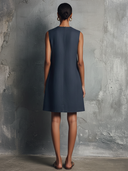 Women's Navy Linen Round Neck Sleeveless Mini Dress – ModClo