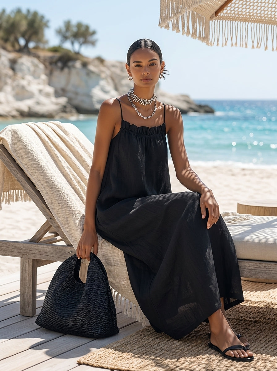 Women's Black Solid Ruffle Maxi Dress – ModClo