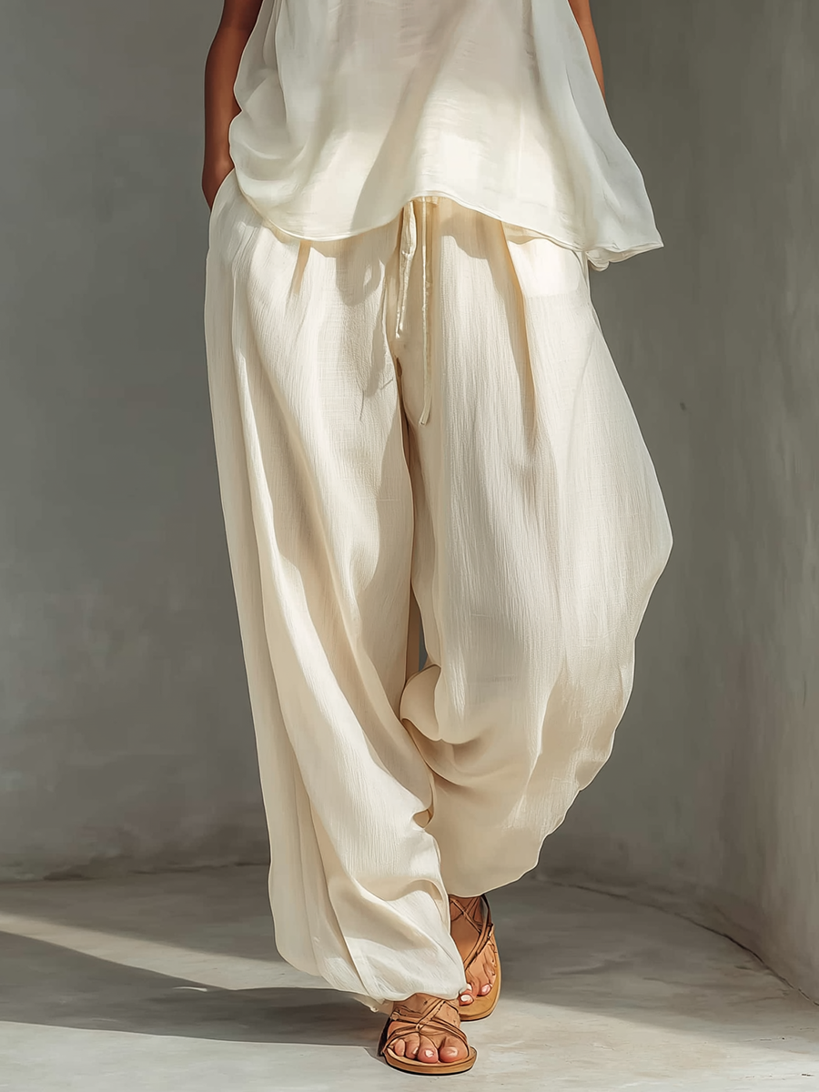 Women's Cream Drawstring Wide-Leg Trousers – ModClo