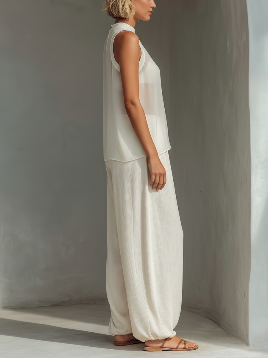 Women's Cream Drawstring Wide-Leg Trousers – ModClo