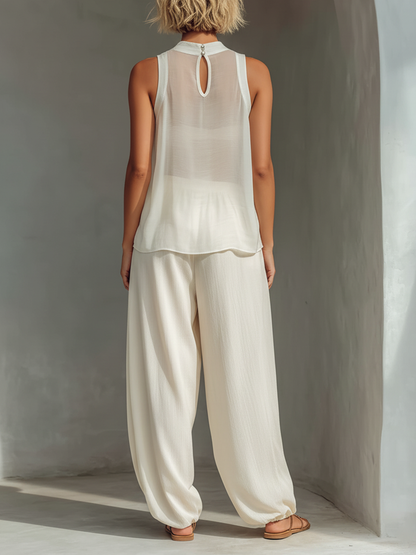 Women's Cream Drawstring Wide-Leg Trousers – ModClo