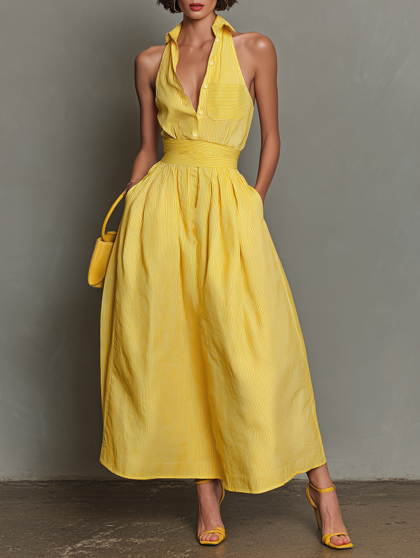 Women's Sleeveless Lapel Striped Maxi Dress – ModClo