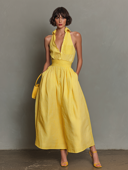 Women's Sleeveless Lapel Striped Maxi Dress – ModClo