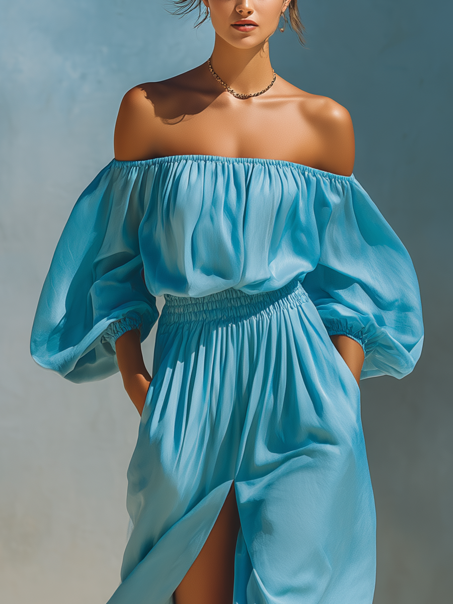 Women's Blue Puff Sleeve Slit Maxi Dress – ModClo