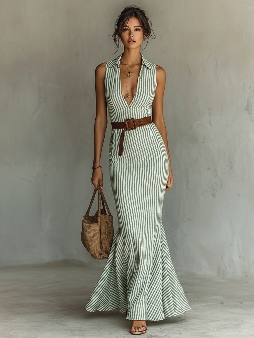 Women's Linen Sleeveless Bodycon Striped Maxi Dress – ModClo