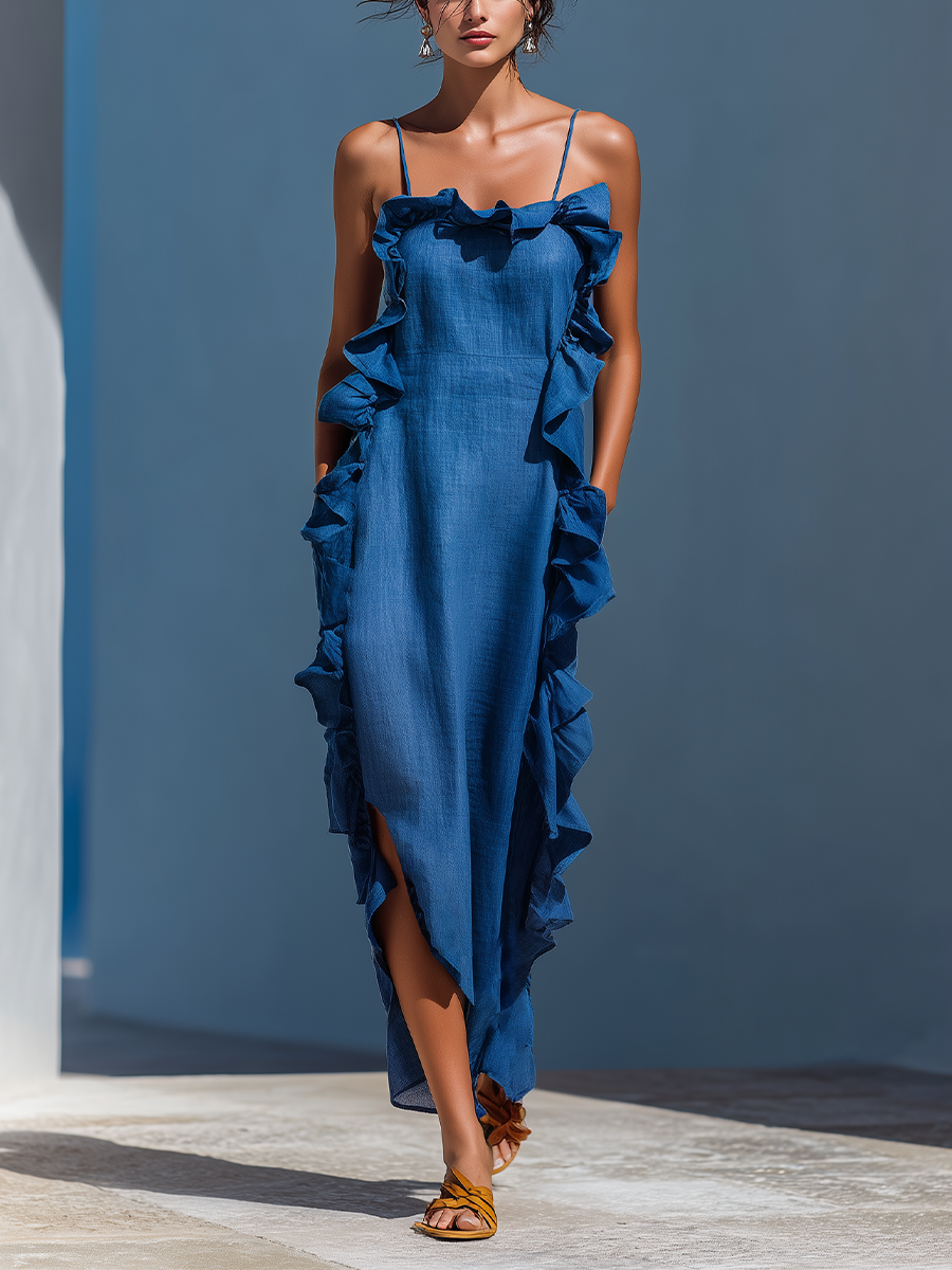 Women's Blue Linen Slit Maxi Dress – ModClo